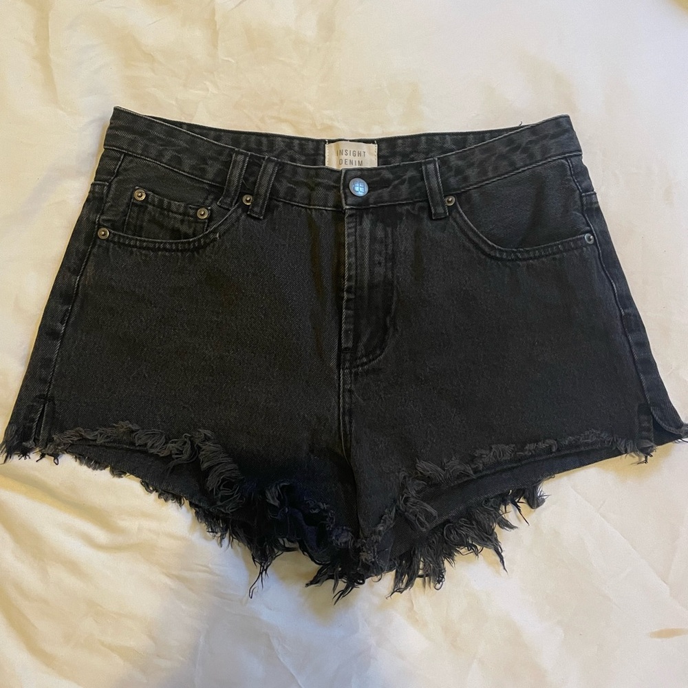 Black frayed denim shorts